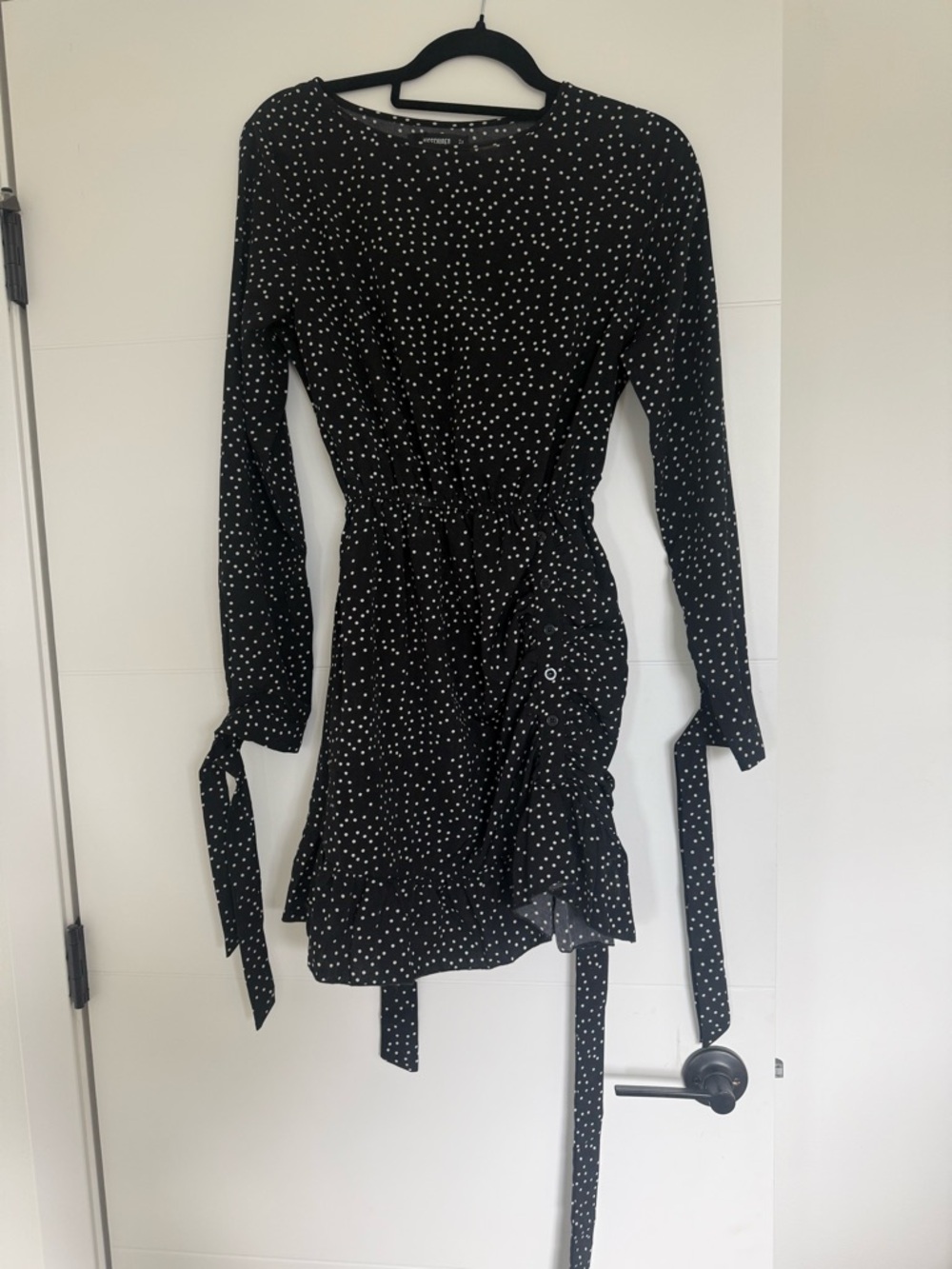 Missguided Black and White Polka Dot Long Sleeve Tie-Waist Dress